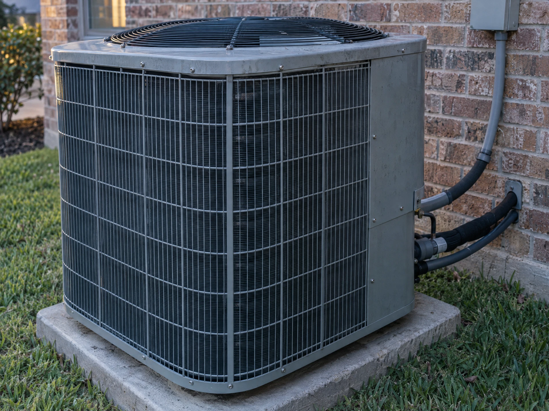 Outdoor air conditioning condenser beside a Crowley, Texas home