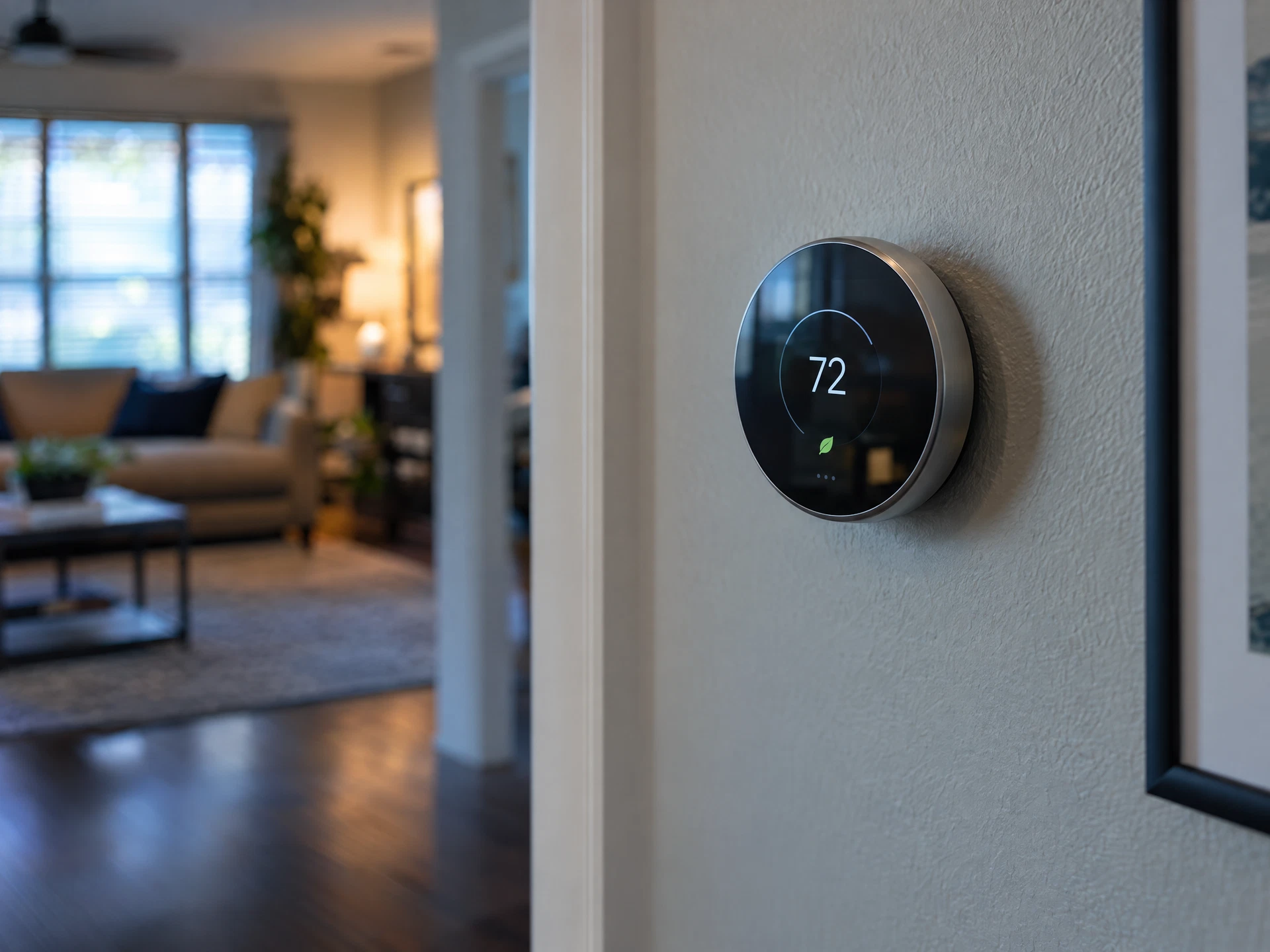 Wall thermostat used to control heating and cooling in a Crowley home